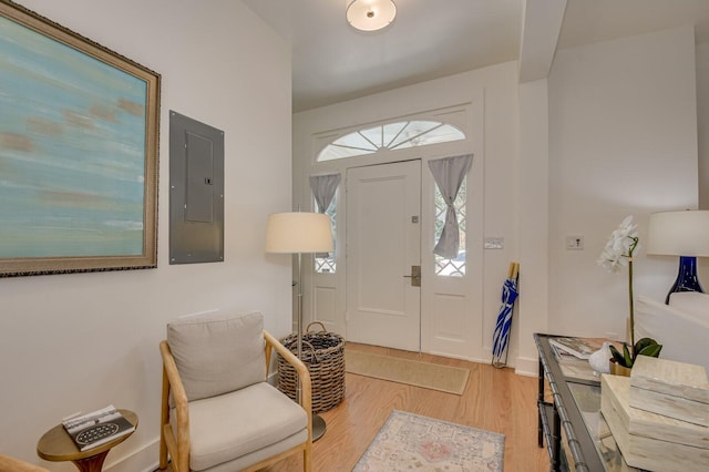 entryway with electric panel and light hardwood / wood-style flooring