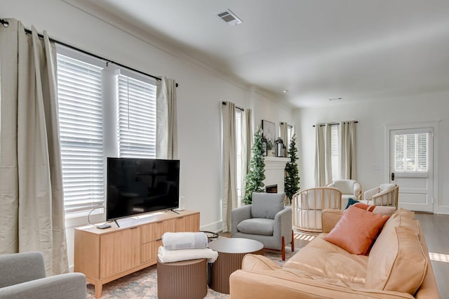 living room with light hardwood / wood-style floors and ornamental molding