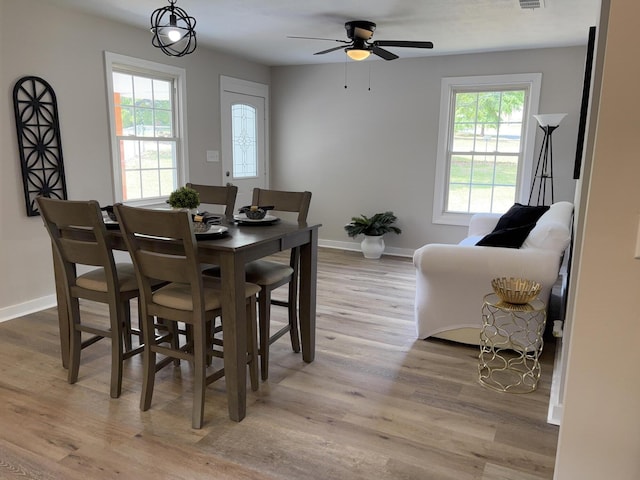 2438 Ridge Rd, Augusta, GA 30906 - dining room featuring light wood-style floors, baseboards, ceiling fan, and a healthy amount of sunlight