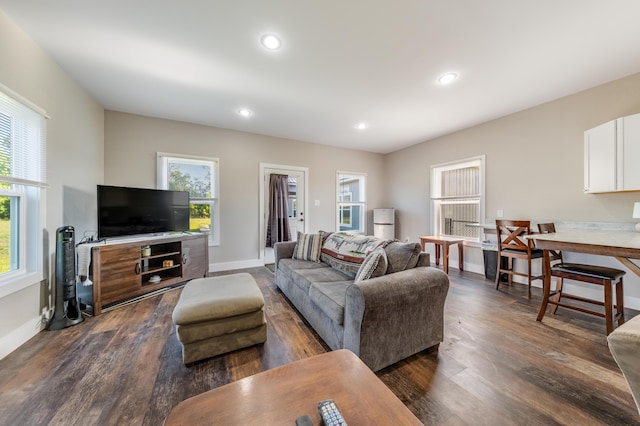 living area with a wealth of natural light, baseboards, and dark wood finished floors