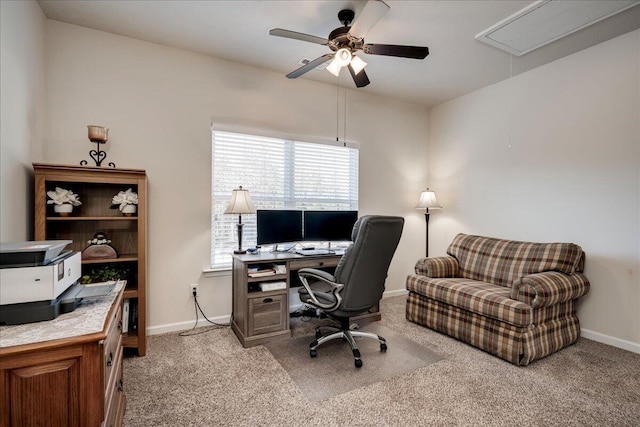 carpeted office with ceiling fan