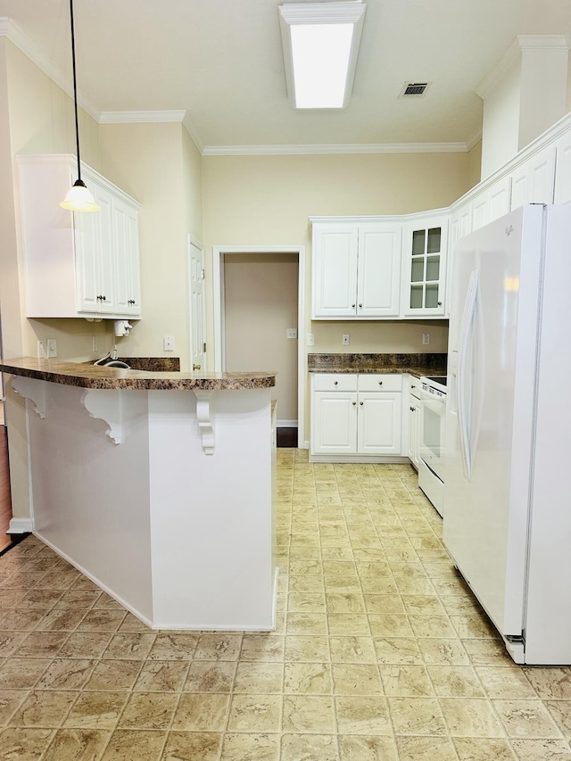 561 Farmington Cir, Evans, GA 30809 - kitchen with white fridge with ice dispenser, a peninsula, range, crown molding, and white cabinets