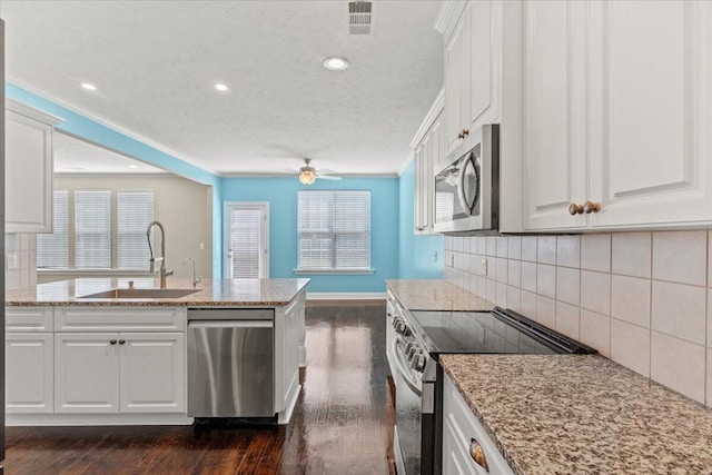1717 Ethan Way, Hephzibah, GA 30815 - kitchen with appliances with stainless steel finishes, dark wood-style flooring, white cabinetry, tasteful backsplash, and ceiling fan