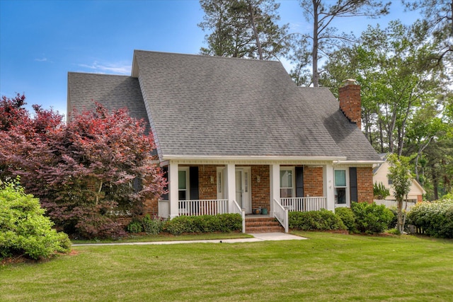 cape cod home featuring a chimney, a porch, brick siding, a shingled roof, and a front lawn