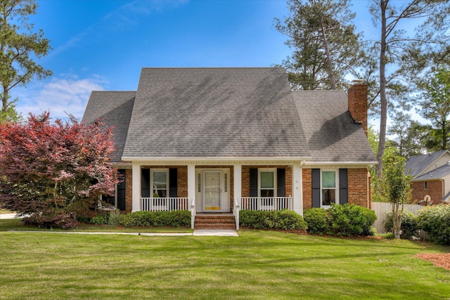 cape cod-style house with a chimney, covered porch, brick siding, a shingled roof, and a front lawn
