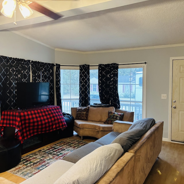 living room featuring crown molding, hardwood / wood-style floors, and a textured ceiling