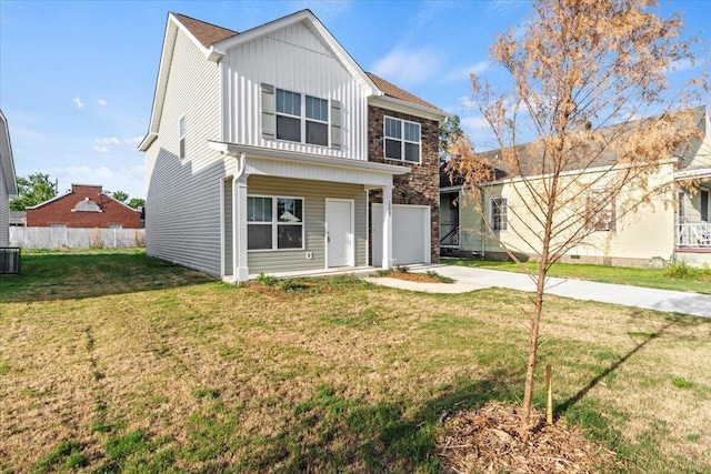 1227 Miller St, Augusta, GA 30901 - traditional-style house with driveway, board and batten siding, central air condition unit, an attached garage, and covered porch