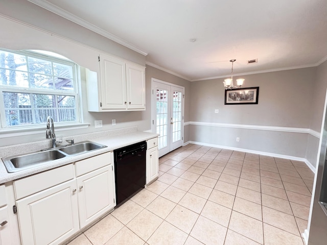 kitchen featuring visible vents, a sink, light countertops, black dishwasher, and french doors