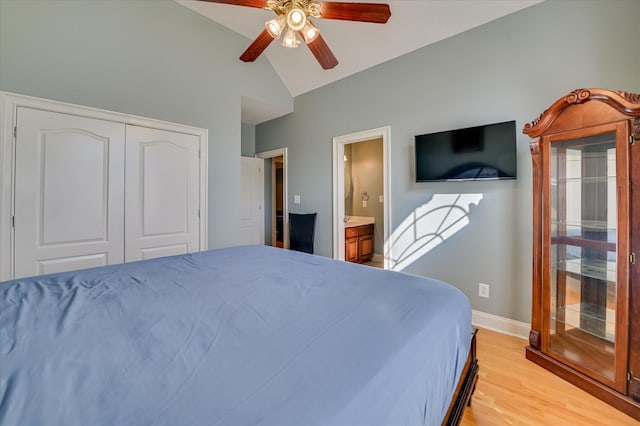 3953 Bolton St, Augusta, GA 30909 - bedroom featuring light wood-style floors, a closet, ceiling fan, connected bathroom, and high vaulted ceiling