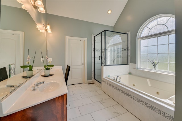 3953 Bolton St, Augusta, GA 30909 - full bathroom with vanity, a shower stall, a jetted tub, marble finish flooring, and recessed lighting