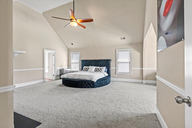 556 Ernestine Fls, Grovetown, GA 30813 - bedroom with carpet flooring, high vaulted ceiling, multiple windows, and ceiling fan