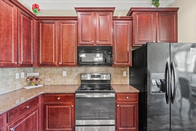 556 Ernestine Fls, Grovetown, GA 30813 - kitchen featuring black appliances, reddish brown cabinets, decorative backsplash, and crown molding