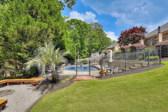 view of pool with a yard, fence, and a fenced in pool