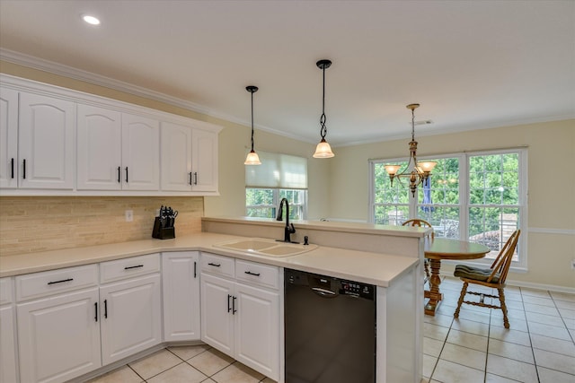 kitchen with black dishwasher, plenty of natural light, light tile patterned floors, a sink, and backsplash
