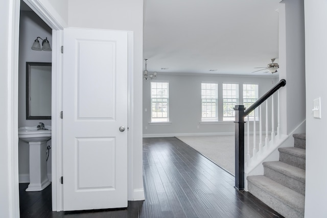 141 Caroleton Dr, Grovetown, GA 30813 - corridor featuring stairs, dark wood-style flooring, and a chandelier
