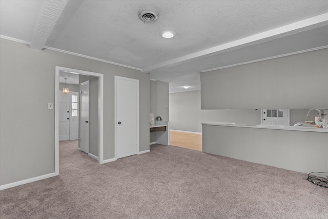 2701 Gardenbrook Ct, Augusta, GA 30906 - unfurnished living room with carpet floors, a textured ceiling, baseboards, crown molding, and a sink