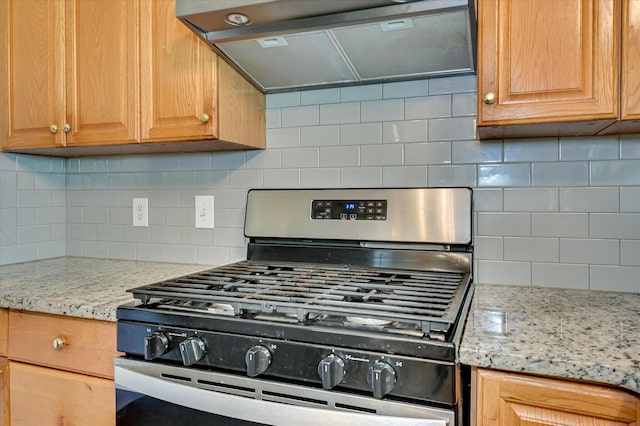 280 W Forrest St, Harlem, GA 30814 - kitchen featuring stainless steel range with gas cooktop, range hood, decorative backsplash, and light stone countertops