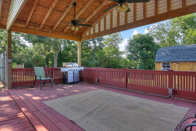 280 W Forrest St, Harlem, GA 30814 - deck featuring ceiling fan, a grill, and view of wooded area