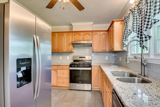 280 W Forrest St, Harlem, GA 30814 - kitchen with stainless steel appliances, exhaust hood, a sink, crown molding, and a ceiling fan