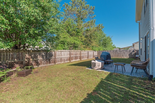 view of yard featuring a patio and a fenced backyard