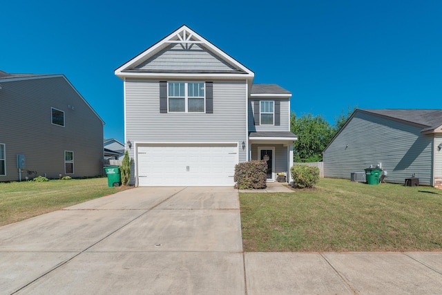 view of front of property featuring a garage, a front lawn, driveway, and central AC unit
