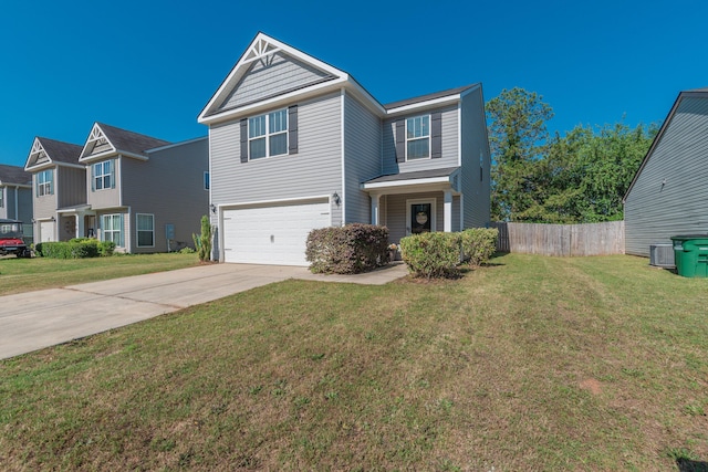view of front of home with a garage, fence, cooling unit, a front lawn, and concrete driveway