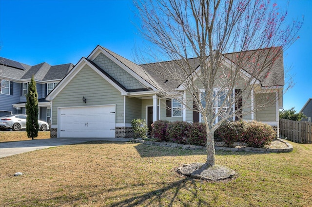 view of front facade featuring an attached garage, concrete driveway, a front lawn, and fence