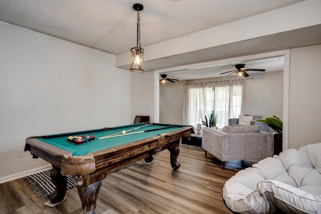707 Oriole St, Aiken, SC 29803 - recreation room featuring wood finished floors, billiards table, ceiling fan, and baseboards