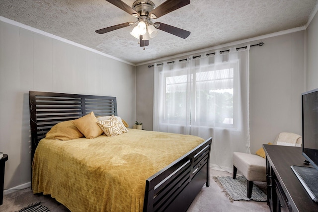 707 Oriole St, Aiken, SC 29803 - carpeted bedroom with a textured ceiling, ornamental molding, and ceiling fan