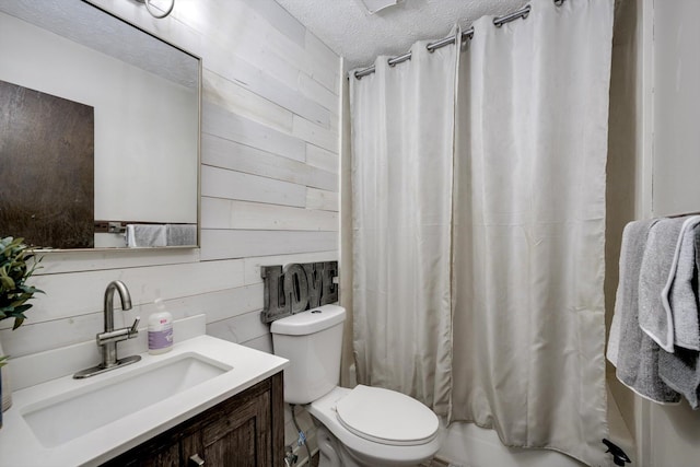 707 Oriole St, Aiken, SC 29803 - bathroom with wood walls, toilet, vanity, a textured ceiling, and shower / bath combination with curtain