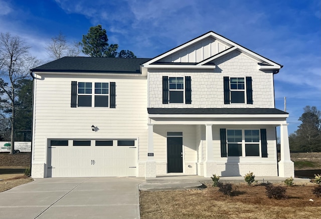 craftsman-style home with a porch and a garage