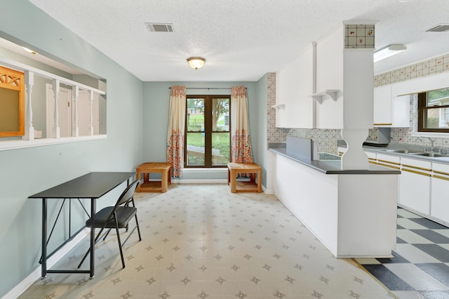 3613 Concord Ct, Augusta, GA 30906 - kitchen featuring white cabinetry, a textured ceiling, light flooring, tasteful backsplash, and a peninsula