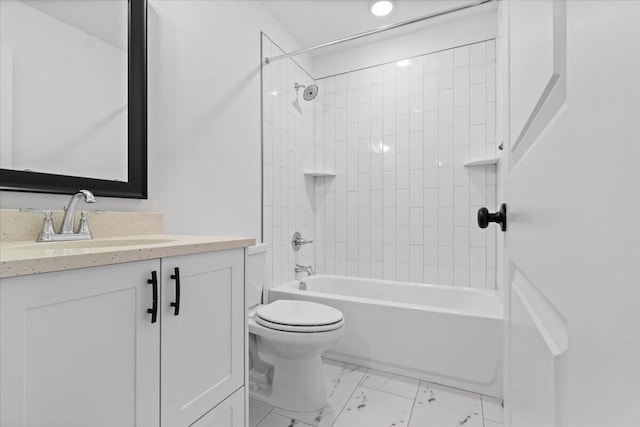 bathroom with toilet, marble finish floor,  shower combination, and vanity