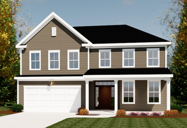 view of front of house with driveway, an attached garage, and a front yard