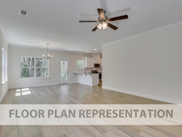 unfurnished living room featuring ceiling fan with notable chandelier, ornamental molding, sink, and light hardwood / wood-style floors