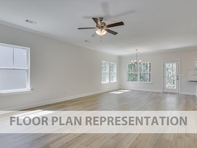 empty room with crown molding, light hardwood / wood-style flooring, and ceiling fan with notable chandelier