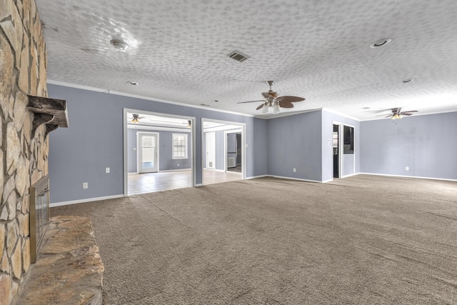 1736 Goshen Rd, Augusta, GA 30906 - unfurnished living room featuring a ceiling fan, crown molding, carpet floors, and a fireplace