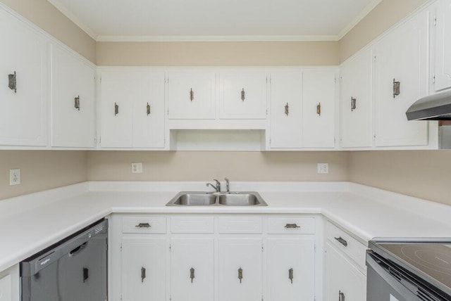 112 W Lynne Dr, Augusta, GA 30907 - kitchen with dishwasher, white cabinets, light countertops, under cabinet range hood, and ornamental molding