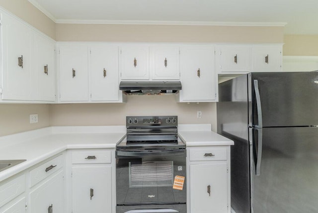 112 W Lynne Dr, Augusta, GA 30907 - kitchen with freestanding refrigerator, black range with electric cooktop, under cabinet range hood, white cabinetry, and crown molding