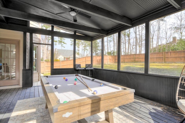 sunroom / solarium with lofted ceiling with beams, plenty of natural light, billiards, and a ceiling fan