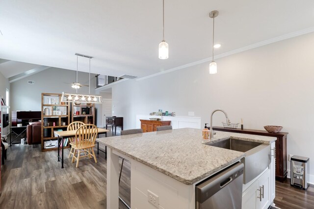 kitchen with stainless steel dishwasher, light stone countertops, white cabinetry, a ceiling fan, and dark wood-style flooring