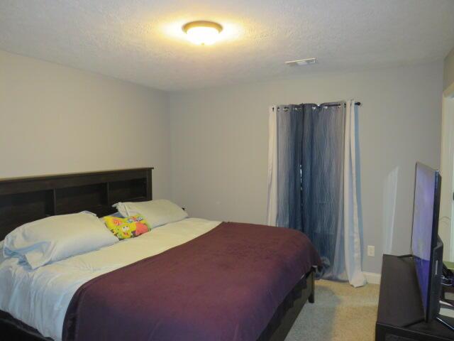 bedroom featuring light colored carpet and a textured ceiling