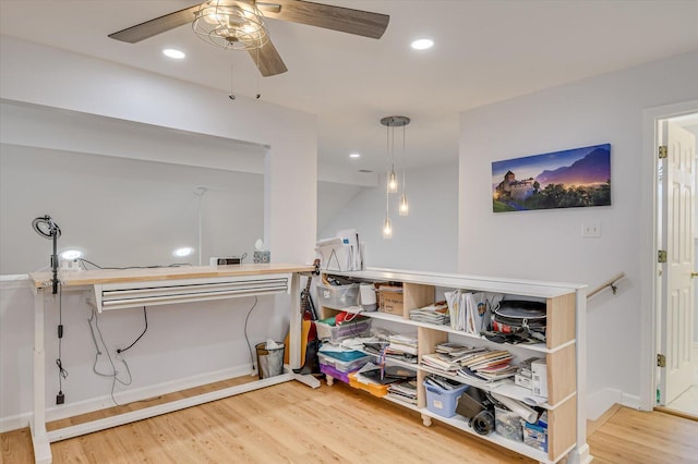 misc room with a ceiling fan, recessed lighting, baseboards, and wood finished floors