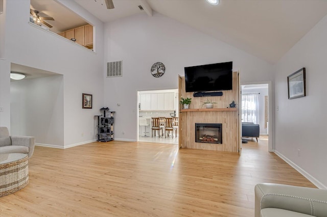 living room with visible vents, a glass covered fireplace, ceiling fan, light wood-style floors, and beam ceiling