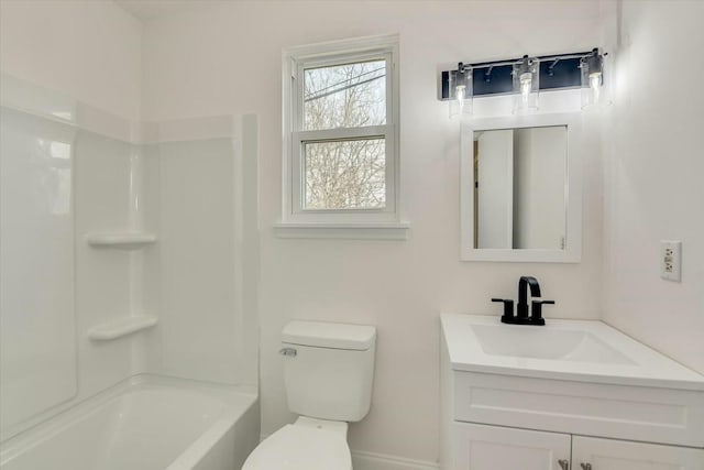 full bathroom with toilet, vanity, and bathtub / shower combination