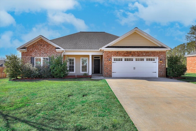 single story home featuring an attached garage, brick siding, driveway, roof with shingles, and a front yard