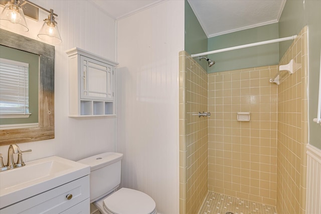 522 Gray Dr, Martinez, GA 30907 - bathroom with toilet, ornamental molding, tiled shower, and vanity