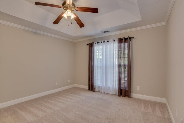 unfurnished room featuring light carpet, a raised ceiling, and ceiling fan