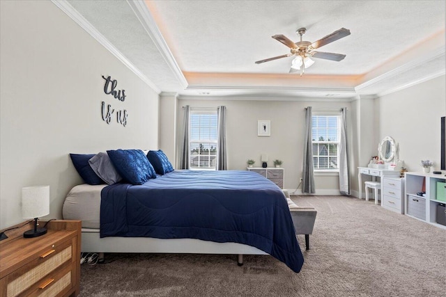 carpeted bedroom with a raised ceiling, multiple windows, and ornamental molding