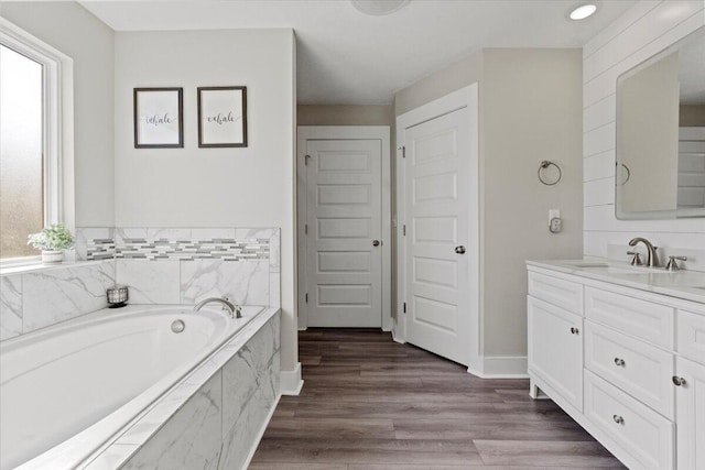 full bathroom featuring vanity, a garden tub, wood finished floors, and a wealth of natural light